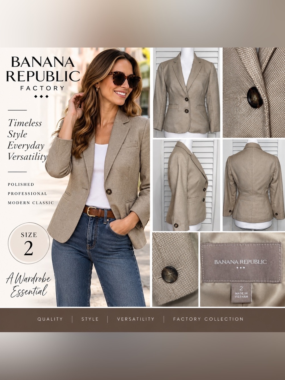 Banana Republic Factory Tailored Neutral Blazer Jacket Size 2